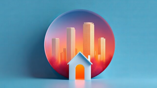 Modern cityscape surrounding a small house with orange doorway, circular architectural composition symbolizing urban living and real estate.