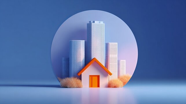 Modern cityscape surrounding a small house with orange doorway, circular architectural composition symbolizing urban living and real estate.