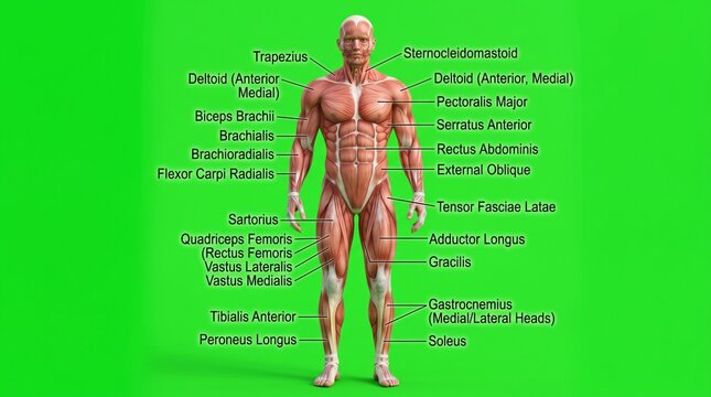 Human muscular system anatomy chart. Detailed medical diagram of male body muscles.
