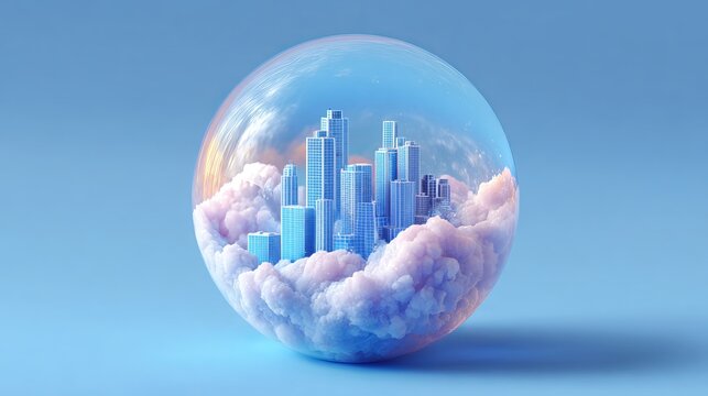 Miniature futuristic city inside a transparent glass sphere, blue and white skyscrapers with floating clouds symbolizing sustainable innovation.