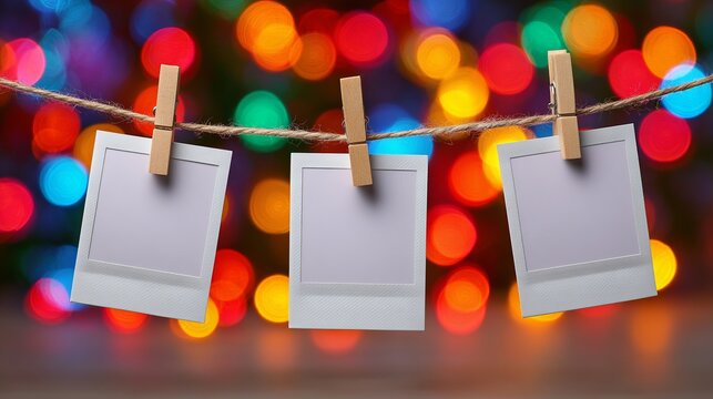 Blank instant photo frames hanging with wooden clothespins, colorful festive bokeh lights creating a nostalgic celebration atmosphere.