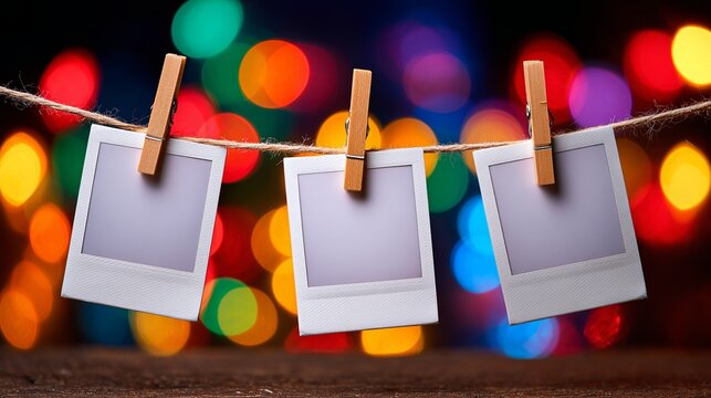 Blank instant photo frames hanging with wooden clothespins, colorful festive bokeh lights creating a nostalgic celebration atmosphere.