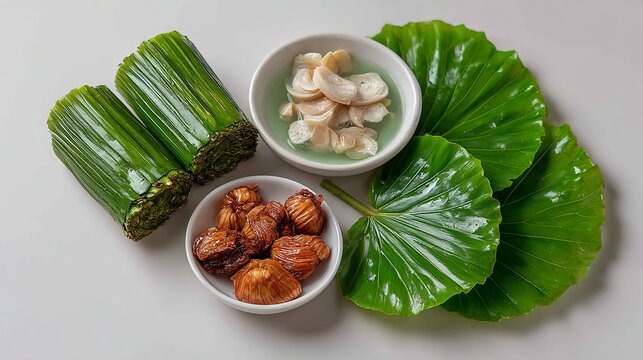 Traditional betel quid ingredients with fresh green betel leaves, areca nuts and bowls of reddish paste arranged on white background.