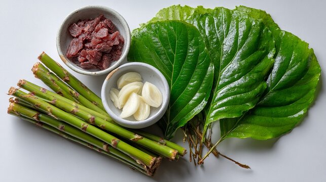 Traditional betel quid ingredients with fresh green betel leaves, areca nuts and bowls of reddish paste arranged on white background.