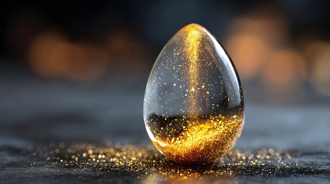 Transparent golden egg with glowing particles and radiant light, mystical sparkling object on a dark bokeh background.