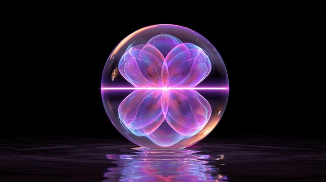 Transparent sphere with glowing purple and pink symmetrical light patterns, luminous flower-like geometry on a reflective dark surface.