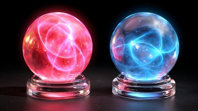 Glowing red and blue spheres with luminous orbital rings and sparkling particles, futuristic energy visualization symbolizing balance.
