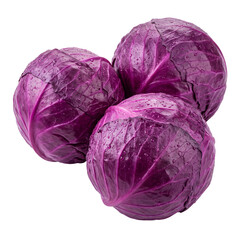 Obraz premium Three fresh raw red cabbage heads covered with natural water drops for healthy organic food culinary recipes and agriculture concept isolated on transparent background