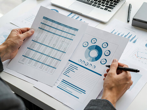 Top-down view of businessman holding financial report and analyzing data charts on desk