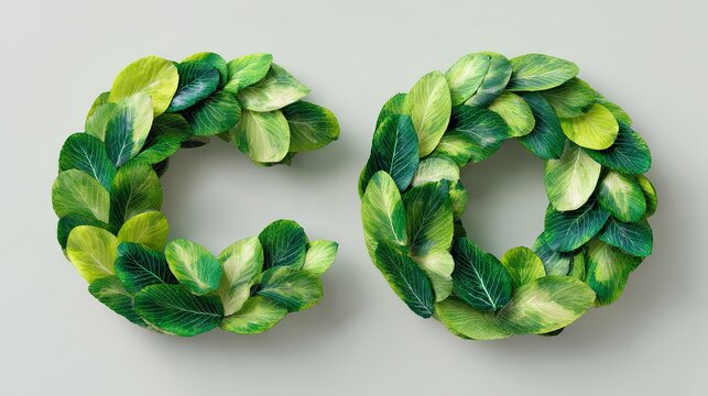 Leaf letters C and O made from vibrant green foliage, natural eco friendly design representing sustainability and environmental awareness.