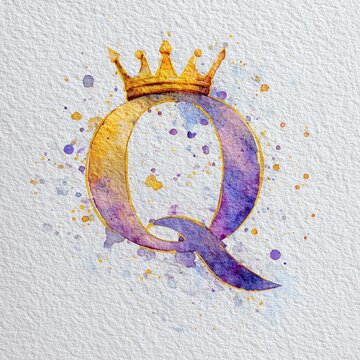 Watercolor Gold Crown Letter Q Splash Artistic Typography Design Element