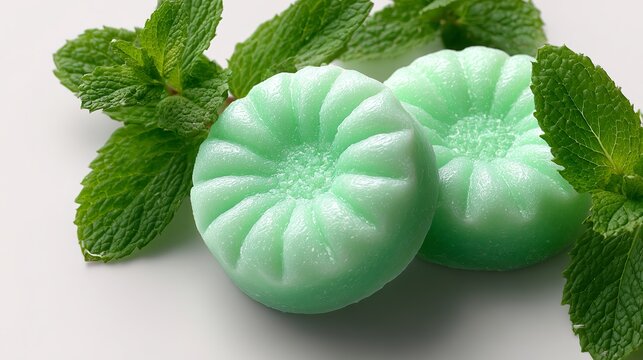 Natural green soap bars surrounded by fresh mint leaves on white background.