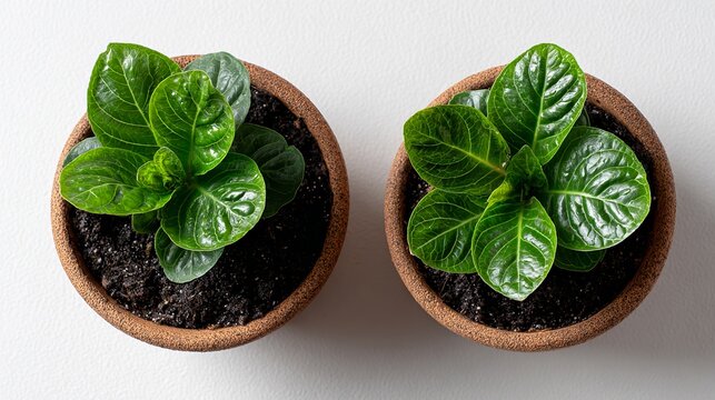 Two healthy potted houseplants with lush green leaves on white background.