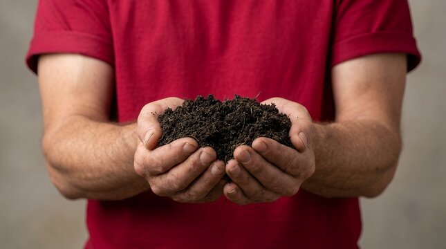 Rich organic soil held in cupped hands of a gardener, dark fertile earth for planting and agriculture, man in red shirt holding handful of garden compost