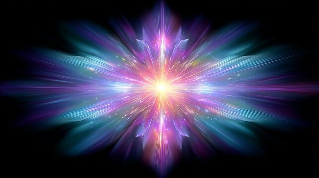 Abstract colorful starburst, luminous multicolored light beams, futuristic cosmic energy background.