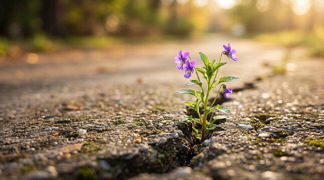 Purple violet flower growing through crack in asphalt road, symbol of resilience, nature strength and hope emerging from difficult urban environment conditions.