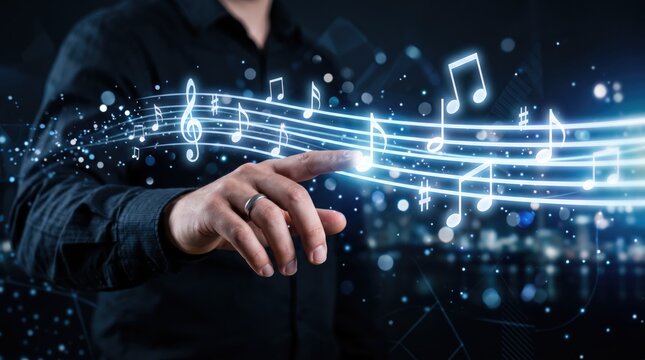 Musician hand touching glowing digital music notes on staff, creative audio production concept with sound waves and melody visualization for entertainment industry.