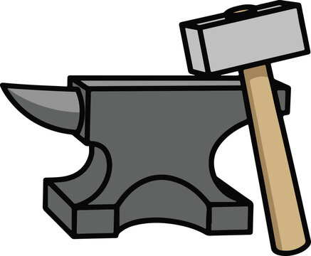 Heavy-duty anvil with rectangular hammer leaning on its horn, classic blacksmith setup in simplified cartoon style, clean flat vector illustration
