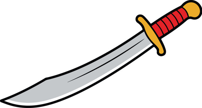 Curved pirate-style cutlass with silver blade, golden guard, and red-wrapped grip, bold cartoon weapon design, clean flat vector illustration
