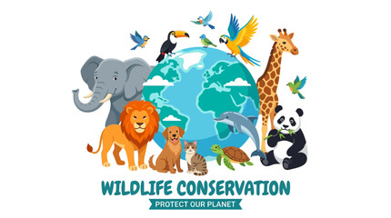 Fototapeta premium Wildlife species surround a central blue globe illustration representing global conservation efforts to protect diverse animal habitats and ensure the safety of our natural environment for future.