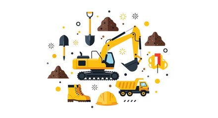 Naklejka premium Construction Equipment Vector Set with Excavator, Dump Truck, and Safety Gear on White Background