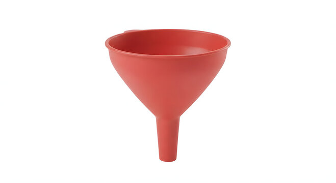 Red Plastic Kitchen Funnel Isolated on White Background. Classic Matte Red Plastic Liquid Funnel Mockup Front View.