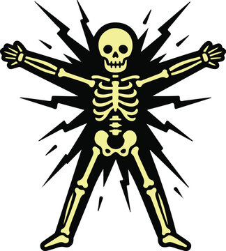 Yellow skeleton with arms and legs spread wide against jagged black lightning burst, edgy vector illustration
