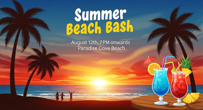 Summer beach bash event flyer design template with tropical drinks with drinks sunset scenery with summer party, advertisement, illustration