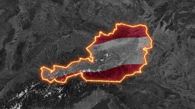 Austria Map Highlight with Fiery Glowing Border on Black and White World Map