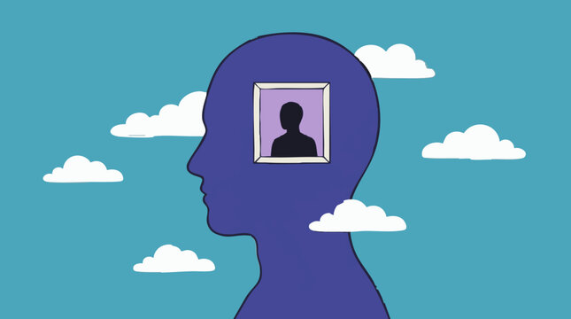 Conceptual illustration of human head with inner portrait, representing self-identity