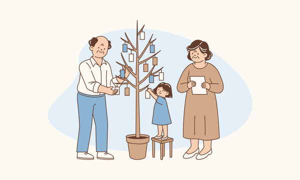 Generations Together Hanging Wishes on Wishing Tree Illustration