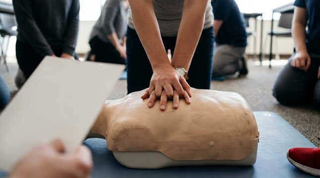 CPR training class with medical mannequin, first aid certification course, emergency life saving skills demonstration, chest compressions on medical dummy
