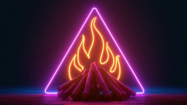 The scene shows a bonfire with vivid orange and magenta flames at night. The energy is intense as light fills the surroundings.