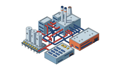 Fototapeta premium Modern industrial factory complex showing storage silos, chemical pipeline networks, and refinery office buildings.