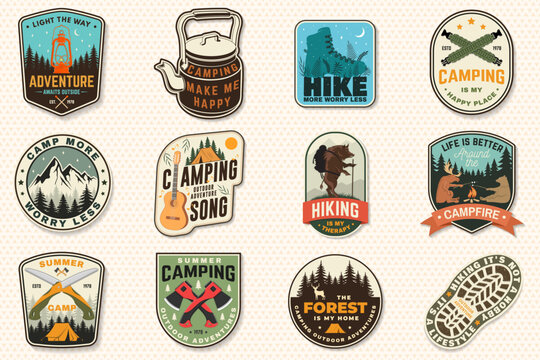 Vintage Camping and Scout Embroidery Patch Set Vector, Retro Outdoor Adventure Badge Collection with Hiking, Campfire, Lantern, Mountain, Wilderness, Bushcraft, Nature, Travel and Exploration Sticker
