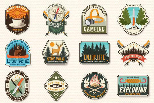 Retro Scout and Camping Badge Collection Vector, Vintage Embroidery Patch Set with Outdoor Adventure, Hiking, Bushcraft, Wildlife, Campfire, Mountain and Nature Sticker Illustrations.