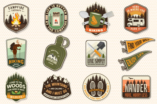 Vintage Outdoor Adventure Patch Bundle Vector, Retro Camping and Scout Badge Collection with Embroidery Style Stickers, Bushcraft, Hiking, Wilderness, Campfire and Travel Graphics.