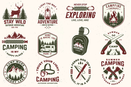 Vintage Camping T Shirt Design Bundle Vector, 12 Retro Outdoor Adventure Graphics Collection for Apparel, Hiking, Bushcraft, Camping, Travel, Stickers, Badges, Prints and Merchandise