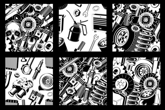 6 Seamless Automotive Parts Patterns Vector, Vintage Car Mechanic Collage Background Bundle with Engine Components, Suspension, Tools and Auto Parts for Fabric, Textile, Wallpaper, Wrapping Paper and