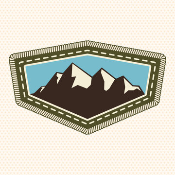 Vintage Mountain Merit Badge Vector, Retro Scout Camping Embroidery Patch, Outdoor Adventure Achievement Emblem for Apparel, Stickers, Uniforms and Wilderness Designs