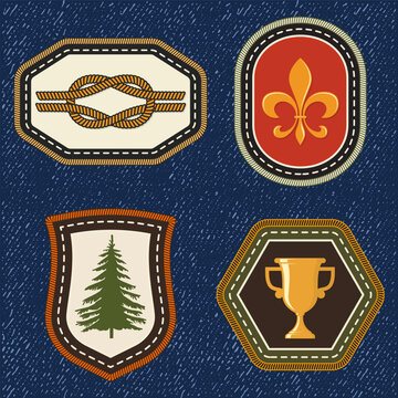 Vintage Scout Merit Badge Collection Vector, Retro Camping Embroidery Patch Set with Rope Knot, Fleur de Lis, Pine Tree and Award Trophy Outdoor Achievement Symbols