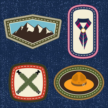 Vintage Scout Merit Badge Set Vector, Retro Camping Embroidery Patch Collection with Mountain, Neckerchief, Paracord and Campaign Hat Adventure Symbols