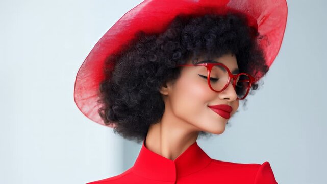 Fashionable woman in red hat and glasses posing with confident expressions against a light background