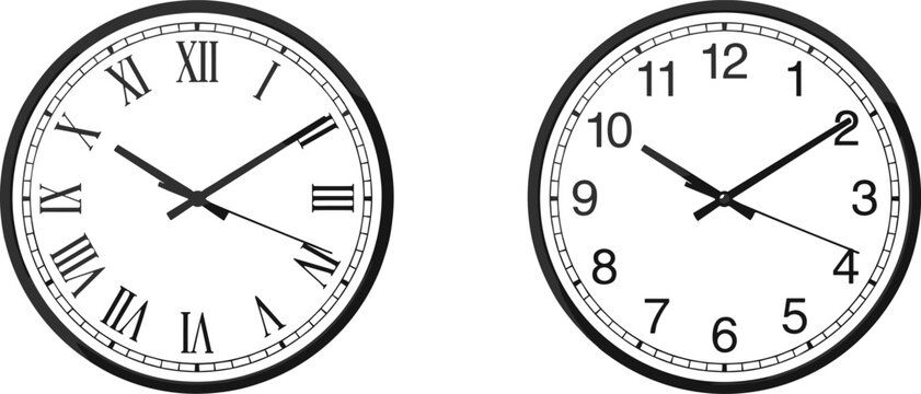 Classic wall clock face set with roman and arabic numerals time measurement vintage wristwatch dial design vector
