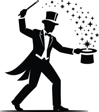 Magician silhouette performing trick with magic wand cylinder top hat sparkling stars show performance entertainment vector