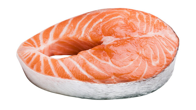 Fresh raw salmon steak with white fat lines, isolated on transparent background