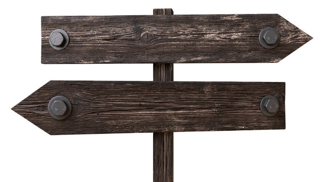 Rustic dark wooden directional signpost with metal bolts, isolated on transparent background