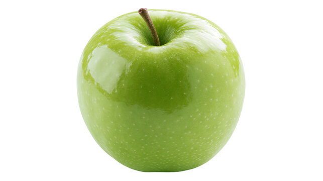 Shiny green apple with stem, isolated on transparent background
