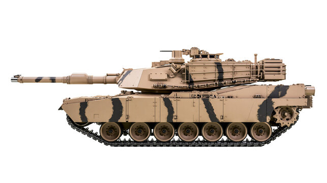 Desert camouflage battle tank with large cannon, isolated on transparent background