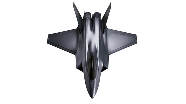 Dark gray stealth fighter jet with twin engines, isolated on transparent background